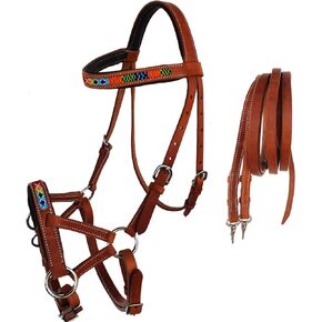 CHALLENGER Horse Western Padded Leather Beaded Bitless Sidepull Bridle Reins 77RT15TN-F
