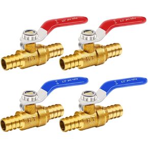 1/2 inch pex ball valve, brass full port shut off barb valve for water pipes garden hoses manifold fittings kit (2 red & 2 blue)