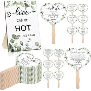 51 Pcs Wedding Fans for Guests Greenery Wedding Favors 50 Greenery Heart Wedding Paper Fans with Wood Handle, 1 Pcs Love Can Be Hot Wooden Wedding Table Sign Bridal Shower Favor