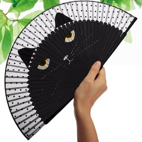 Black Cat Folding Fan, Silk & Bamboo, Portable, 8.3x14.6 inches, 1 Speed, Black Cat Design, Ideal for Women, Home Decor, Cosplay, Gift