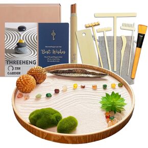 Japanese Zen Garden Kit for Desk, Bamboo Sand Garden Meditation Therapy Tray Gift Set, Mini Zen Décor Office Desktop Accessories - 2 Textured Spheres, Incense with Holder