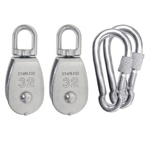 2pcs M32 Single Pulley Block, with 2pcs Carabiner, Heavy Duty 304 Stainless Steel Heavy Duty Swivel Pulley Block, for Lifting, Cable Loading 250kg/551lbs