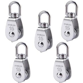 M50 Single Pulley Snatch Block Lifting Crane Swivel Hook Single Pulley 880LB/400 kg Load CapacityStainless Steel Swivel Pulley Hanging Wire Towing Wheel for Wire Rope 5PCS