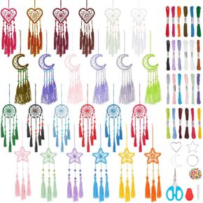 24PCS DIY Small Dream Catcher Kits for Beginners Colorful Handmade Dreamcatcher Kit for Starters DIY Mini Star/Moon/Heart/Round Shape Ornament Making Kit for Bedroom Car Mirror Keychain bag