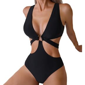 Women's Deep V Neck One Piece Swimsuit O-Ring Swimwear Sexy Cut Out Bathing Suit