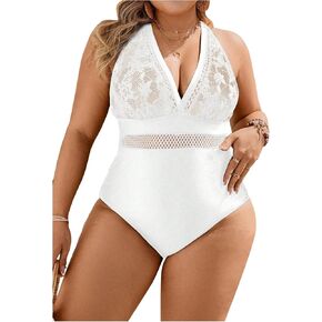 SOLY HUX Women's Plus Size One Piece Swimsuit Contrast Lace V Neck Monokini Bathing Suit