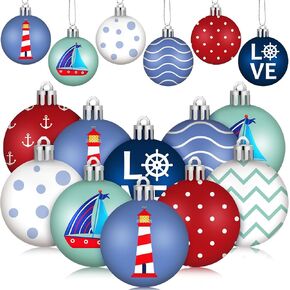 HyDren 40 Pcs Mini Christmas Tree Ornaments 1.18 Inch Beach Christmas Ornaments Hanging Christmas Beach Decor Hawaiian Sun Coconut Flamingo Wave Striped Dots Ocean Ball Decorations for Holiday Party