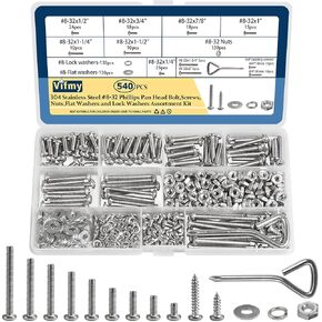540 Piece #8-32 Phillips Pan Head Machine Screws Bolt Assortment Kit with Nuts,Flat Washers,Lock Washers and Screwdriver,SAE 304 Stainless Steel Assorted Hardware Washers and Bolts Sets