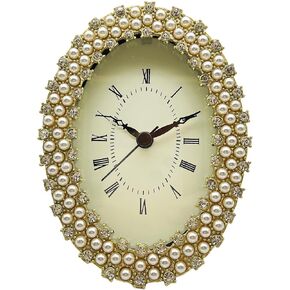 5×4'' Home Small Table Clock with Faux Pearls and Crystal Inlay Design,Operated for Living Room Decor Desk Shelf （Gold）