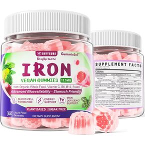 Vegan Iron Gummies Supplement - High Absorption Chelated Bisglycinate Iron with Vitamin C, B-Complex, Folate for Energy, Blood Builder Iron Filled Supplement for Adults & Kids - No After Taste, 60Cts