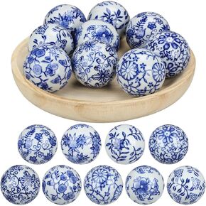 9 Pcs Blue and White Porcelain Balls Decorative Chinoiserie Balls for Centerpiece Bowls China Ceramic Balls Farmhouse Basket Tray Vases Decoration Gifts for Dining Table Holiday(Elegant Style)
