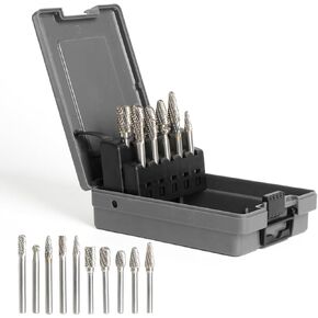 10PCS 1/4'' Shank Carbide Burrs Set Double Cut Solid Power Tools TC Rotary Files Bits for Die Grinder Metal Wood Concrete Plastic Grinding Carving Engraving Drilling Polishing Cutting