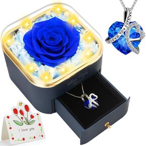 Preserved Red Real Rose with Heart Necklace -Eternal Flowers Rose Birthday Gifts for Women Wife Mom Girlfriend Grandma Gifts Idea on Christmas Valentines Mothers Day for Her-Red