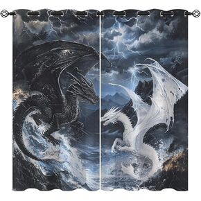 Dragon Blackout Curtains for Girls Boys Kids Home Decor, Black White Dragon Medieval Magical Fantasy Grommet Thermal Insulated Drapes Darkening Window Curtain for Bedroom Living Room, 42 x 45 Inch