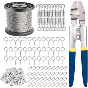 TooTaci Turnbuckles for Cables Wire, 328ft 1/16" Stainless Steel Cable with Wire Rope Crimping Tool, Turnbuckle, Eyebolt Hook, Thimbles, Wire Rope Kit for String Lights Hanging Kit, Picture Wire