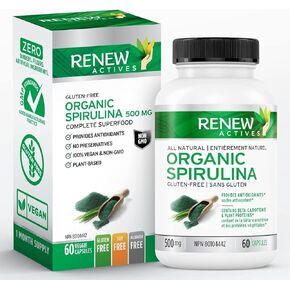Renew Actives MAXIMUM STRENGTH Spirulina Tablets – 1000mg per serving! Supports Immune System, Heart, Cells and Energy – Rich in Antioxidants, Vitamins, Minerals. 60 Supplement Capsules!