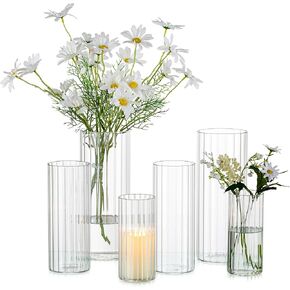 Romadedi Ribbed Hurricane Candle Holders - Set of 18 Cylinder Glass Candle Holder for Pillar Clear Flowers Vases for Centerpieces Party Wedding Table Decorations Home Decor
