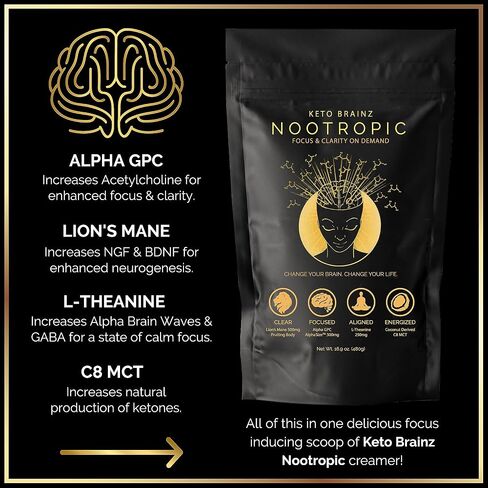 Keto Brainz C8MCT Based Nootropic - with 500mg Lion's Mane Mushroom, AlphaGPC & L-Theanine This is The Ultimate Easy to use nootropic Stack & Makes Delicious Mushroom Coffee! 16oz. 30 Servings in Saudi Arabia