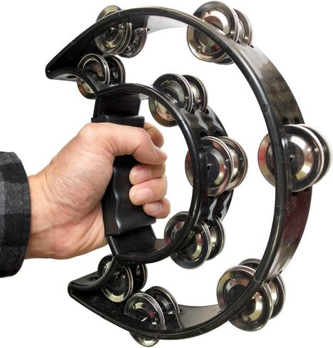 9" Double Row Tambourine - Metal Jingles Hand Held Percussion, Cutaway Design (Black) in Kuwait
