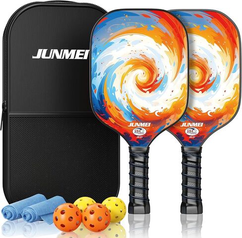 JUNMEI Pickleball Paddles، مجموعة من 2 مجاذيف من الألياف الزجاجية خفيفة الوزن معتمدة من الولايات المتحدة الأمريكية، مجموعة مضارب Pickleball مع حقيبة مجداف Pickleball و4 كرات، أفضل هدايا Pickleball للرجال والنساء in Kuwait