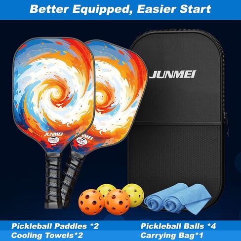 JUNMEI Pickleball Paddles، مجموعة من 2 مجاذيف من الألياف الزجاجية خفيفة الوزن معتمدة من الولايات المتحدة الأمريكية، مجموعة مضارب Pickleball مع حقيبة مجداف Pickleball و4 كرات، أفضل هدايا Pickleball للرجال والنساء in Kuwait