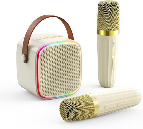 Mini Karaoke Machine for Kids Adults, Portable Bluetooth Karaoke Speaker with 2 Wireless Microphones & Colorful Lights for Girls Boys Family Party Outdoor Travel(Beige) in Kuwait