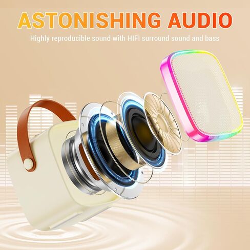 Mini Karaoke Machine for Kids Adults, Portable Bluetooth Karaoke Speaker with 2 Wireless Microphones & Colorful Lights for Girls Boys Family Party Outdoor Travel(Beige) in Kuwait