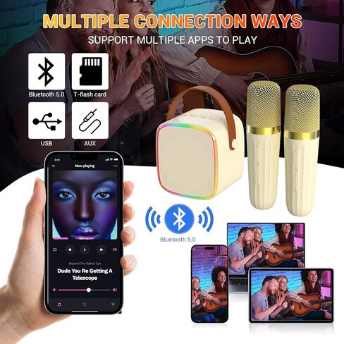 Mini Karaoke Machine for Kids Adults, Portable Bluetooth Karaoke Speaker with 2 Wireless Microphones & Colorful Lights for Girls Boys Family Party Outdoor Travel(Beige) in Kuwait