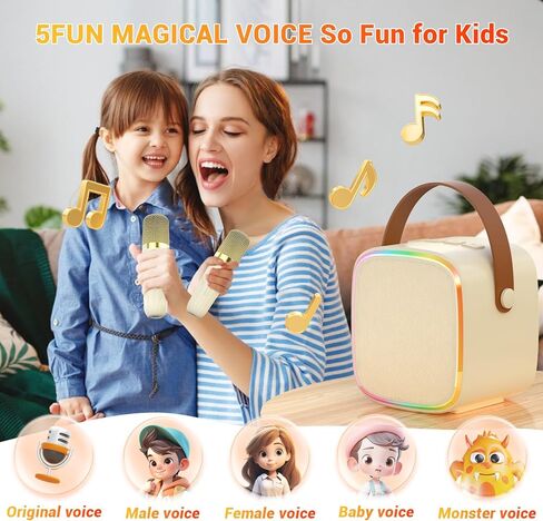 Mini Karaoke Machine for Kids Adults, Portable Bluetooth Karaoke Speaker with 2 Wireless Microphones & Colorful Lights for Girls Boys Family Party Outdoor Travel(Beige) in Kuwait
