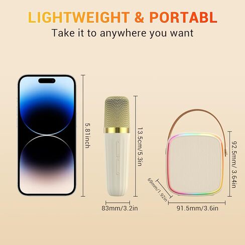 Mini Karaoke Machine for Kids Adults, Portable Bluetooth Karaoke Speaker with 2 Wireless Microphones & Colorful Lights for Girls Boys Family Party Outdoor Travel(Beige) in Kuwait