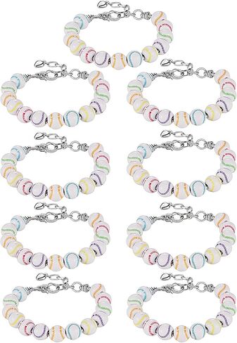9-Pack Baseball Bracelets with 13 PCS Wooden Beads,Baseball Bracelet Strung with Stainless Steel Chain & Adjustable 18+4cm Length, Mini Heart Charm, Perfect for Baseball Team Gifts in Kuwait