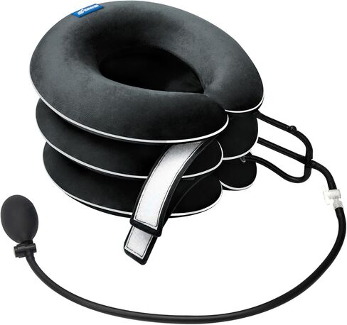 Cervical Neck Traction Device for Neck Pain Relief - Inflatable Neck Stretcher Traction Collar for Neck Decompression - Best Home Use Neck Brace, Neck Traction Pillow, Neck Pump (Black Plush) in Saudi Arabia