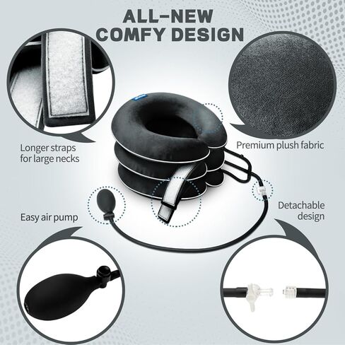 Cervical Neck Traction Device for Neck Pain Relief - Inflatable Neck Stretcher Traction Collar for Neck Decompression - Best Home Use Neck Brace, Neck Traction Pillow, Neck Pump (Black Plush) in Saudi Arabia