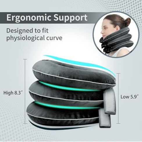 Cervical Neck Traction Device for Neck Pain Relief - Inflatable Neck Stretcher Traction Collar for Neck Decompression - Best Home Use Neck Brace, Neck Traction Pillow, Neck Pump (Black Plush) in Saudi Arabia