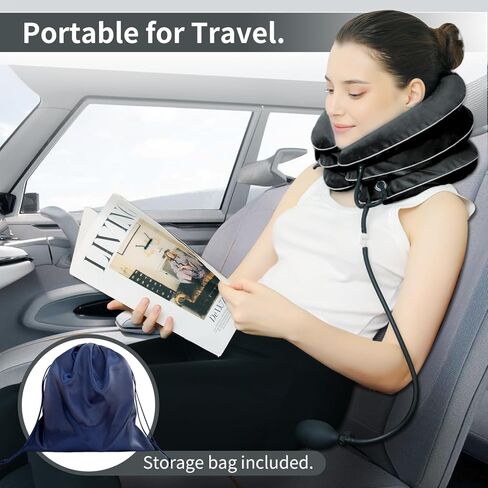 Cervical Neck Traction Device for Neck Pain Relief - Inflatable Neck Stretcher Traction Collar for Neck Decompression - Best Home Use Neck Brace, Neck Traction Pillow, Neck Pump (Black Plush) in Saudi Arabia