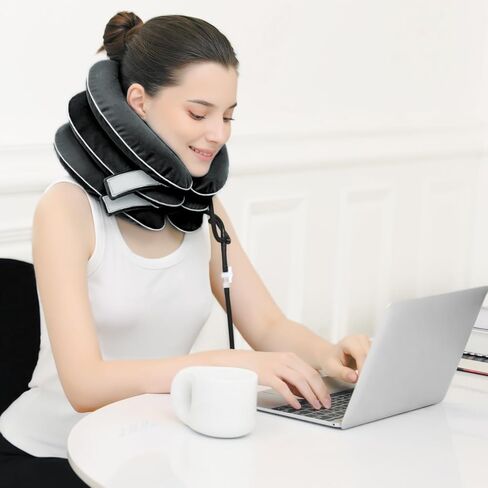 Cervical Neck Traction Device for Neck Pain Relief - Inflatable Neck Stretcher Traction Collar for Neck Decompression - Best Home Use Neck Brace, Neck Traction Pillow, Neck Pump (Black Plush) in Saudi Arabia