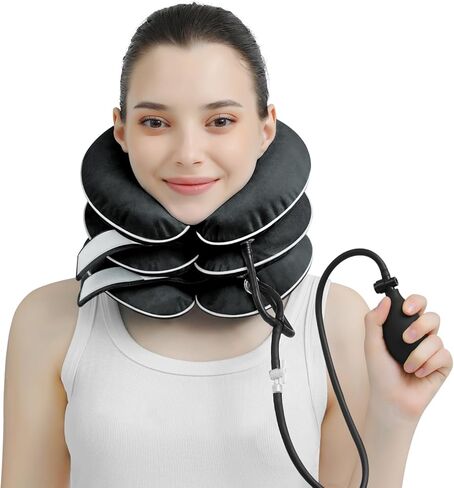 Cervical Neck Traction Device for Neck Pain Relief - Inflatable Neck Stretcher Traction Collar for Neck Decompression - Best Home Use Neck Brace, Neck Traction Pillow, Neck Pump (Black Plush) in Saudi Arabia