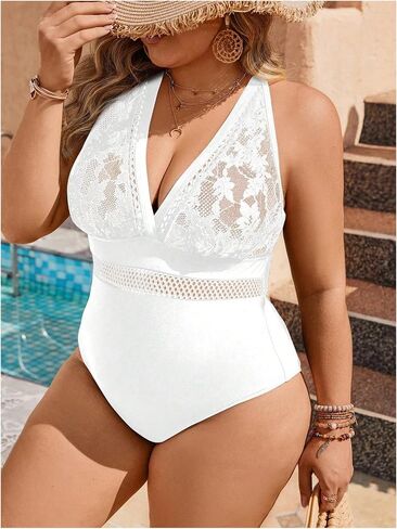 SOLY HUX Women's Plus Size One Piece Swimsuit Contrast Lace V Neck Monokini Bathing Suit in Saudi Arabia