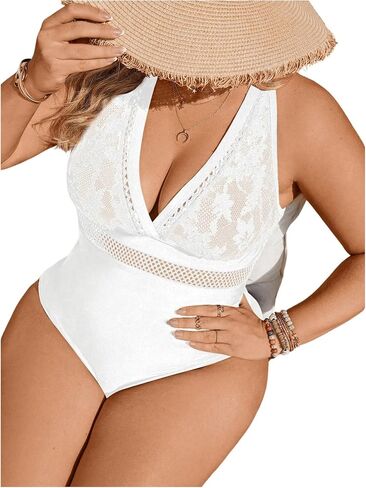 SOLY HUX Women's Plus Size One Piece Swimsuit Contrast Lace V Neck Monokini Bathing Suit in Saudi Arabia