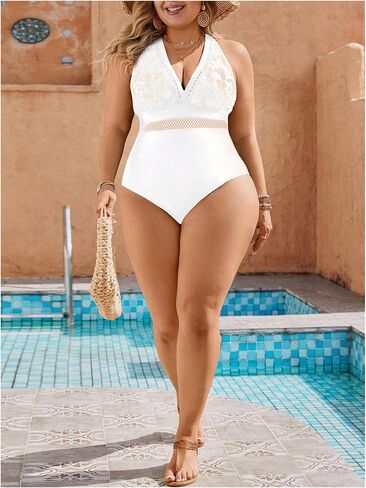 SOLY HUX Women's Plus Size One Piece Swimsuit Contrast Lace V Neck Monokini Bathing Suit in Saudi Arabia