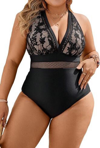 SOLY HUX Women's Plus Size One Piece Swimsuit Contrast Lace V Neck Monokini Bathing Suit in Saudi Arabia