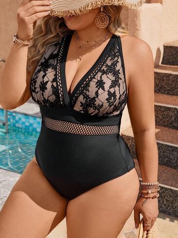 SOLY HUX Women's Plus Size One Piece Swimsuit Contrast Lace V Neck Monokini Bathing Suit in Saudi Arabia