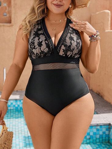 SOLY HUX Women's Plus Size One Piece Swimsuit Contrast Lace V Neck Monokini Bathing Suit in Saudi Arabia