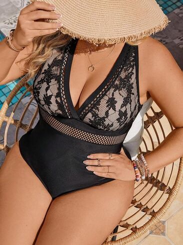 SOLY HUX Women's Plus Size One Piece Swimsuit Contrast Lace V Neck Monokini Bathing Suit in Saudi Arabia
