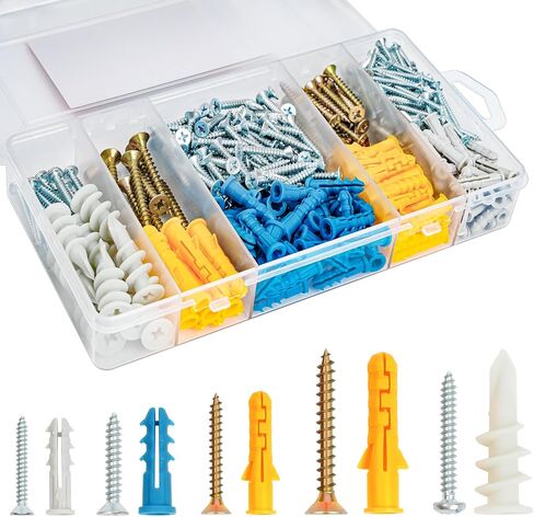 KURUI Drywall Anchors and Screws Assortment Kit 350PCS, 175 Plastic Wall Anchors and 175 Philips Flat Head Screws, 5 Sizes Screws and Dry Sheetrock Anchor, with Self Drilling Drywall Anchors in Saudi Arabia