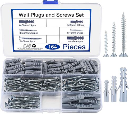 مجموعة أدوات تثبيت الحوائط الجافة مع براغي، مجموعة متنوعة من 164 قطعة من مثبتات الحوائط الجافة والمسامير، بما في ذلك 3 أحجام من براغي الرأس المسطحة مع مرساة، ومراسي حائط بلاستيكية مع منظم in Kuwait