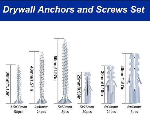 مجموعة أدوات تثبيت الحوائط الجافة مع براغي، مجموعة متنوعة من 164 قطعة من مثبتات الحوائط الجافة والمسامير، بما في ذلك 3 أحجام من براغي الرأس المسطحة مع مرساة، ومراسي حائط بلاستيكية مع منظم in Kuwait