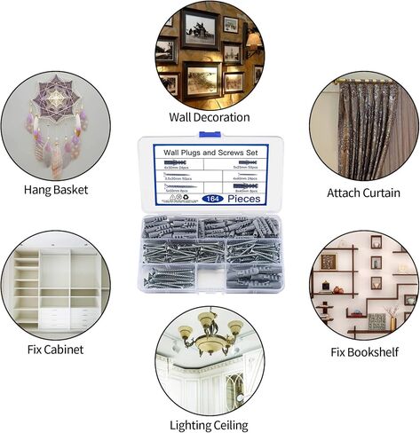 مجموعة أدوات تثبيت الحوائط الجافة مع براغي، مجموعة متنوعة من 164 قطعة من مثبتات الحوائط الجافة والمسامير، بما في ذلك 3 أحجام من براغي الرأس المسطحة مع مرساة، ومراسي حائط بلاستيكية مع منظم in Kuwait