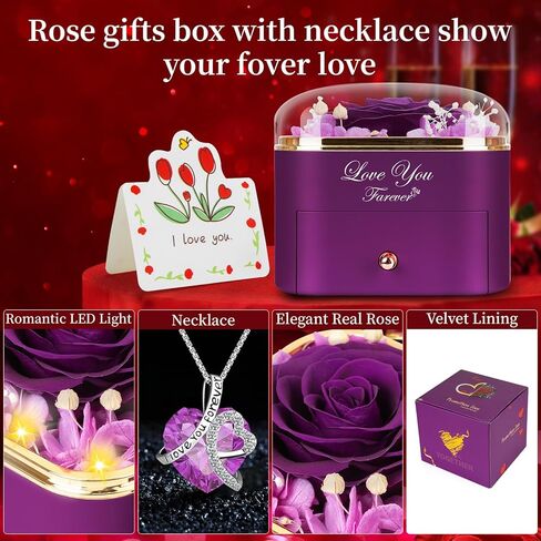 وردة حمراء حقيقية مع قلادة على شكل قلب - هدايا عيد ميلاد من الزهور الأبدية للنساء والزوجة والأم والصديقة والجدة، فكرة هدية في عيد الميلاد وعيد الحب للأم - باللون الأحمر in Kuwait