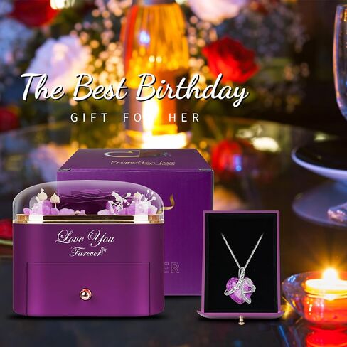 وردة حمراء حقيقية مع قلادة على شكل قلب - هدايا عيد ميلاد من الزهور الأبدية للنساء والزوجة والأم والصديقة والجدة، فكرة هدية في عيد الميلاد وعيد الحب للأم - باللون الأحمر in Kuwait